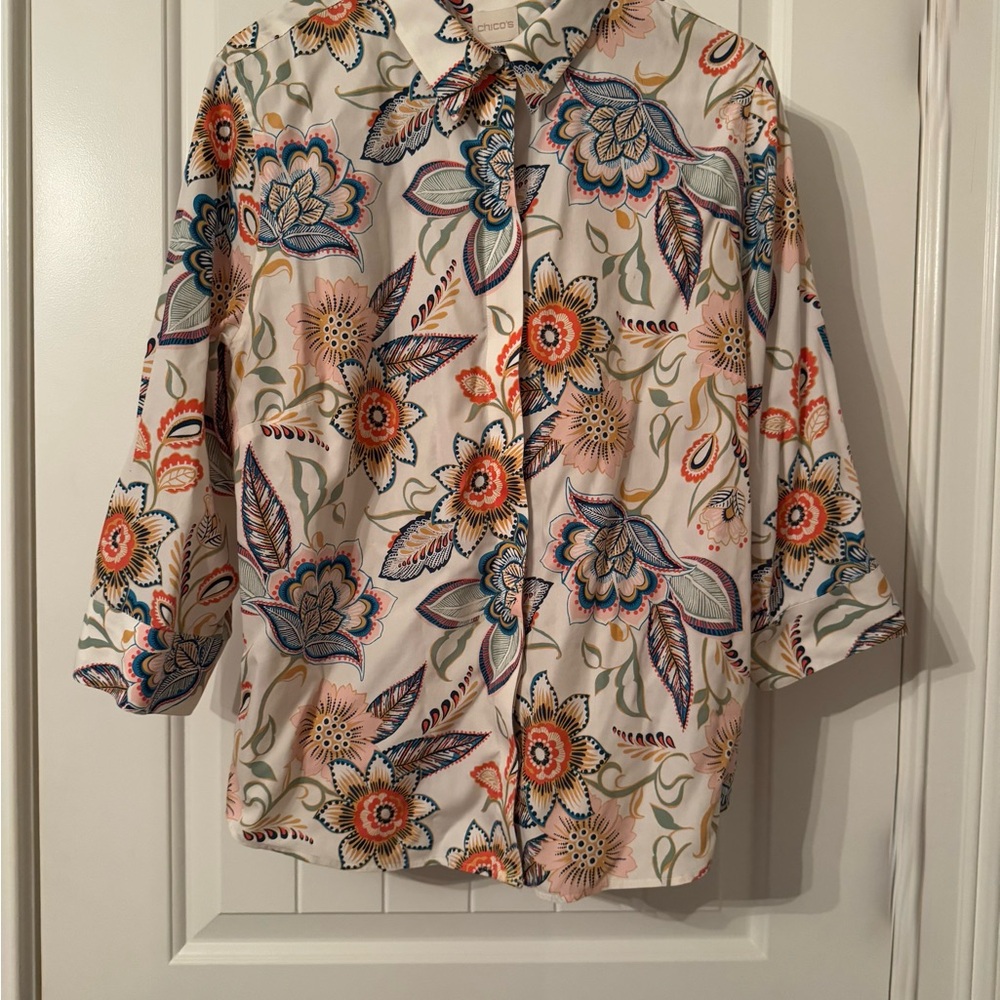 Chico's Cream Floral Button-Front Top with Tie Collar
